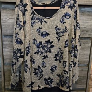 Floral Print Women's Blouse - Blue and Grey